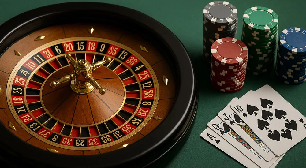 Roulette chips and betting layout